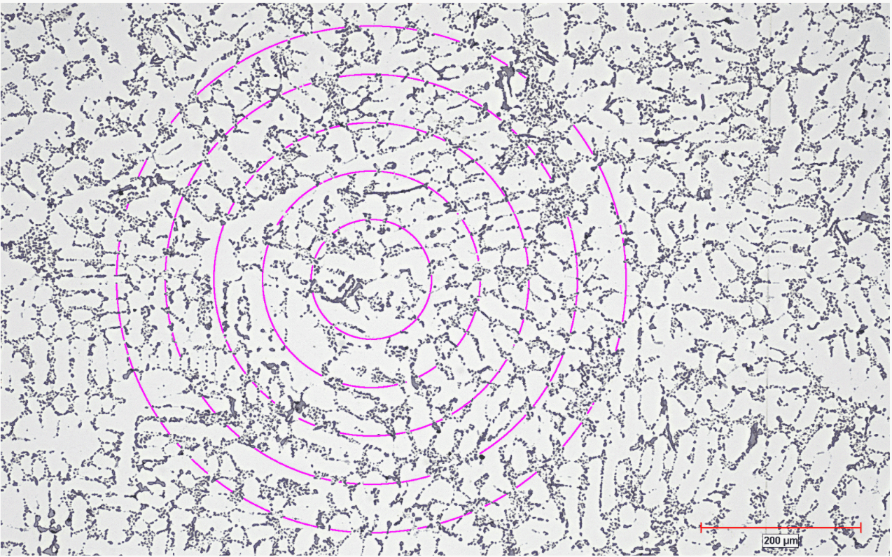 Mean linear dendrite spacing in aluminum alloy