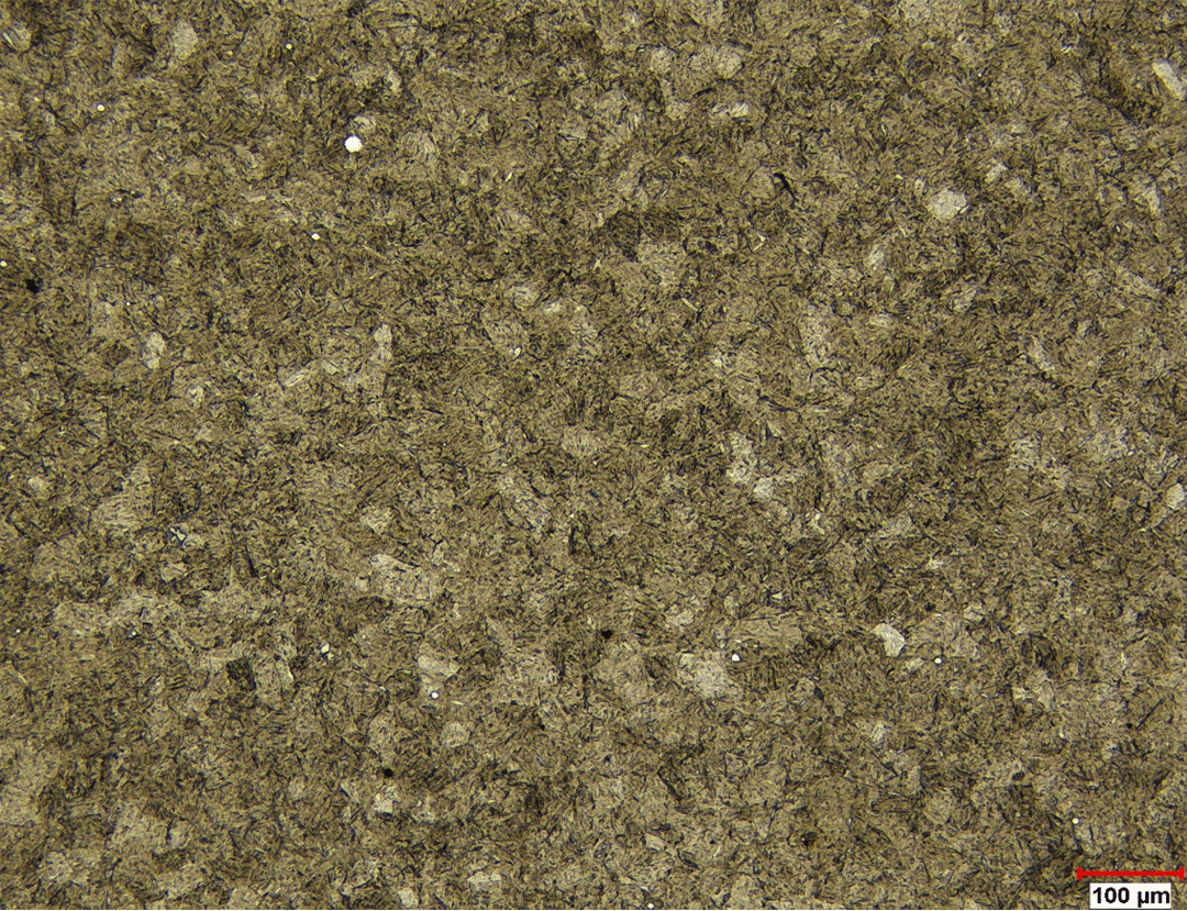 Martensitic grain structure at 50× — grain boundaries (yellow) detected using Clemex Vision Unlimited