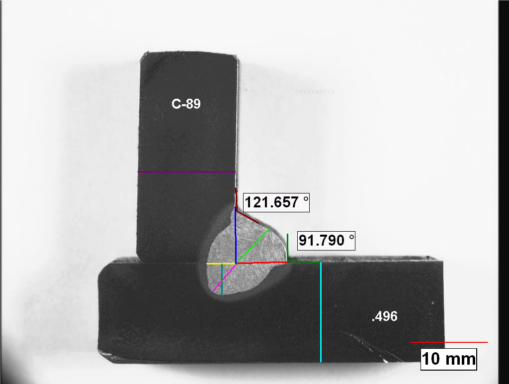 Fillet weld macro with angle, leg and throat measurements applied